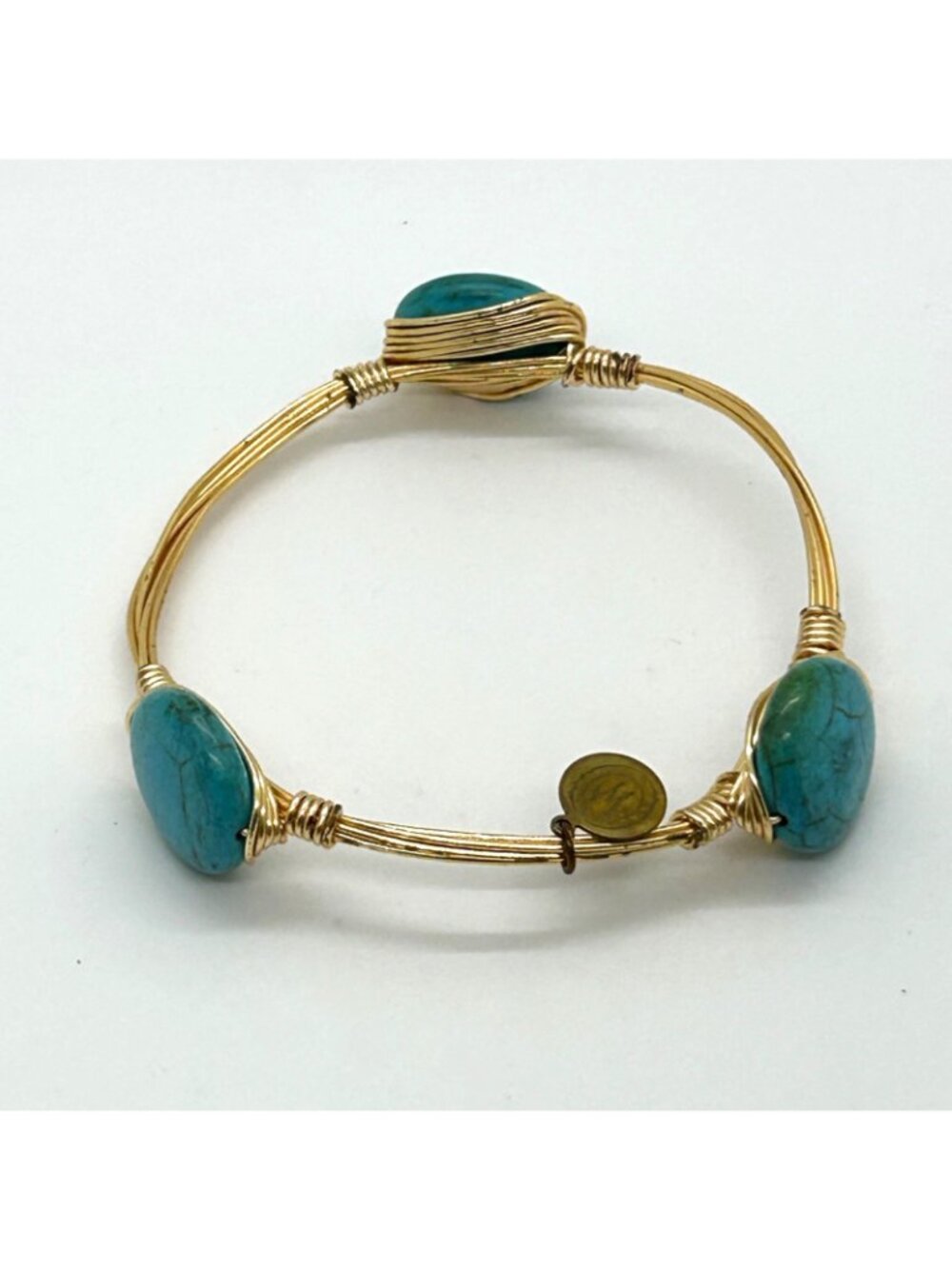 Bohemian Faux Turquoise Gold Tone Wire Wrap Bangle Bracelet Stackable Handmade - Picture 2 of 11